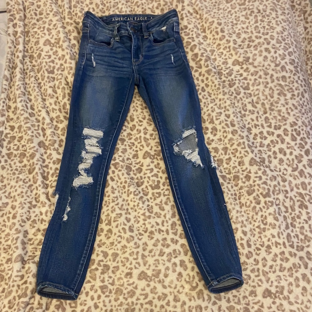 American Eagle Outfitters Women's Dark Blue Ripped Skinny Jeans